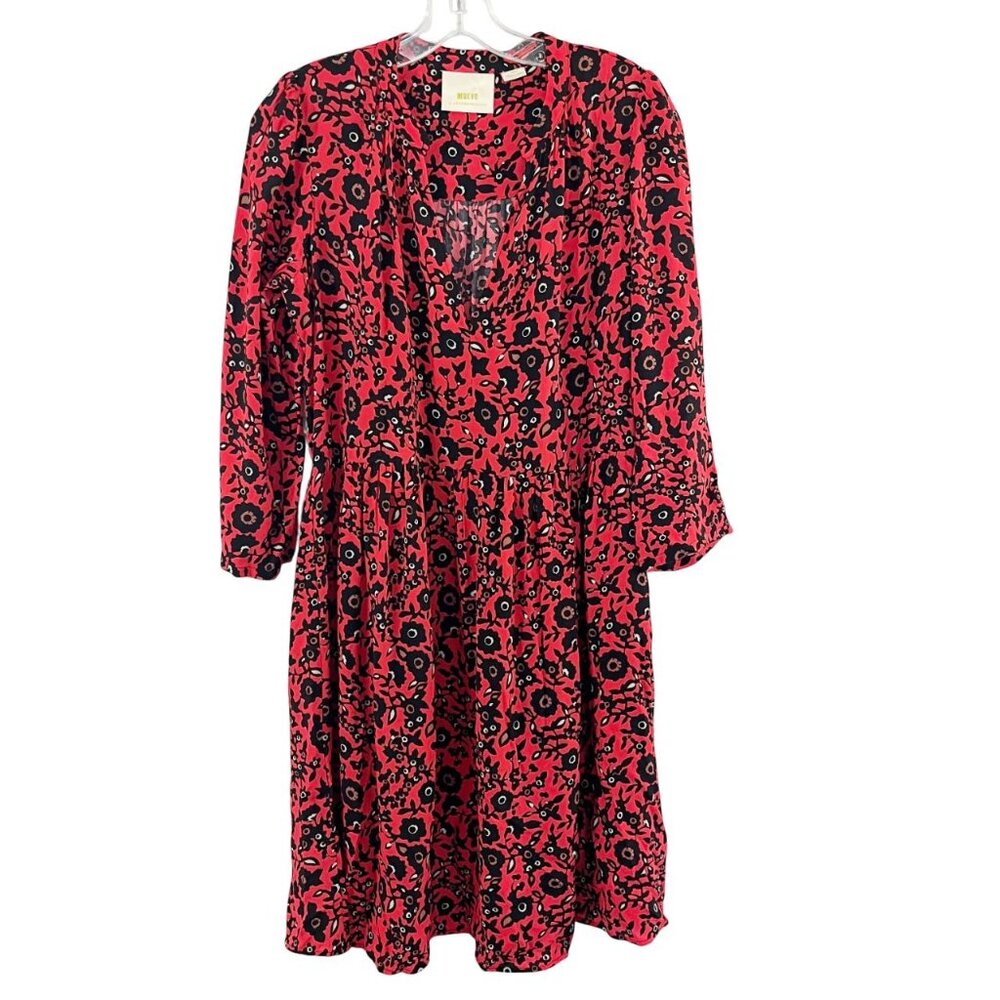 Anthropologie Maeve Christiana Tunic‎ Dress Red Black Floral Long Sleeve SMALL